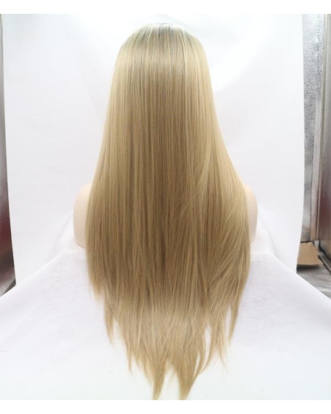 Golden Long Straight  Grunge Synthetic Lace Front Wigs For Women Without Bang