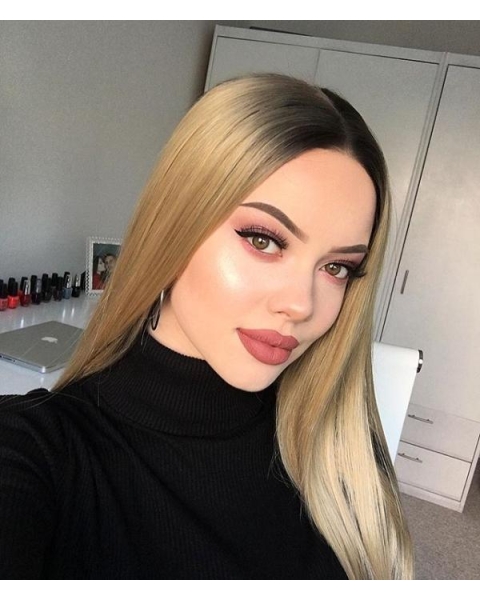 Golden Long Straight  Grunge Synthetic Lace Front Wigs For Women Without Bang