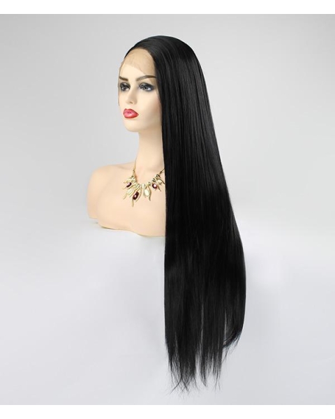 Black Long Straight Swan Synthetic 13*4 Lace Front Wigs