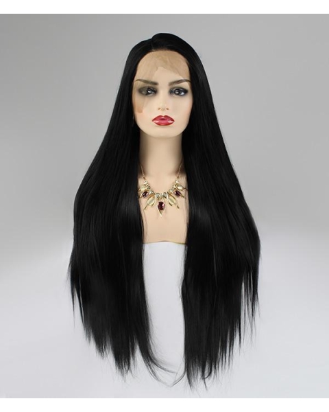 Black Long Straight Swan Synthetic 13*4 Lace Front Wigs