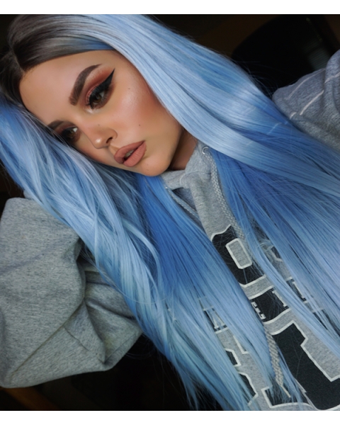 Light Blue Silky Long Straight Synthetic Lace Front Wigs