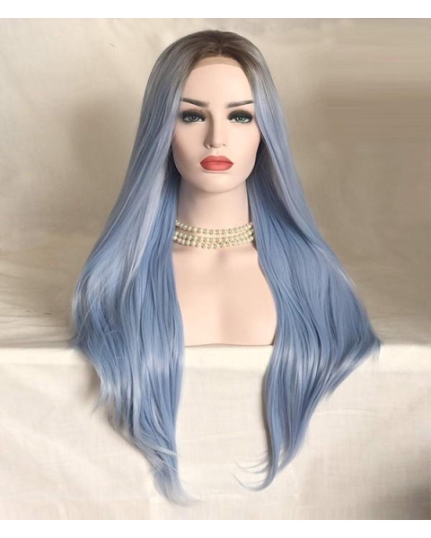 Light Blue Silky Long Straight Synthetic Lace Front Wigs