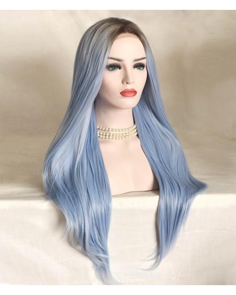 Light Blue Silky Long Straight Synthetic Lace Front Wigs