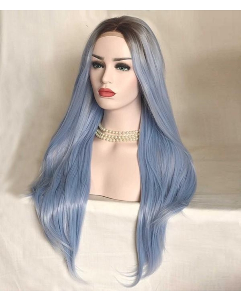 Light Blue Silky Long Straight Synthetic Lace Front Wigs