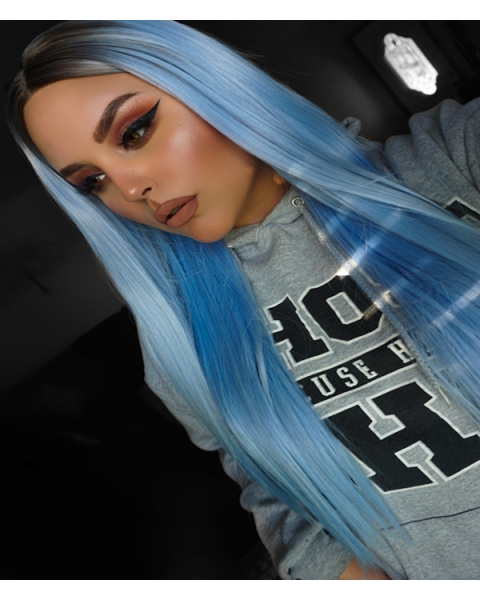 Light Blue Silky Long Straight Synthetic Lace Front Wigs