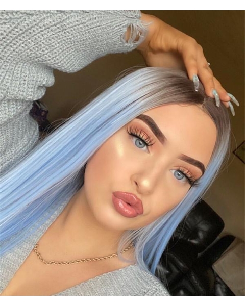 Light Blue Silky Long Straight Synthetic Lace Front Wigs