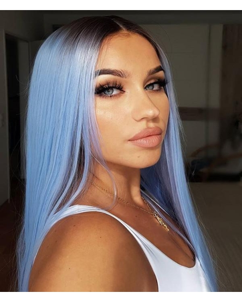 Light Blue Silky Long Straight Synthetic Lace Front Wigs