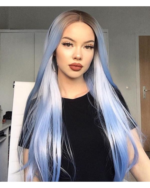 Light Blue Silky Long Straight Synthetic Lace Front Wigs