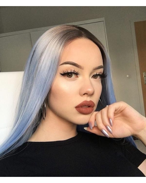 Light Blue Silky Long Straight Synthetic Lace Front Wigs