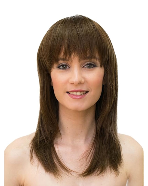 Lace Front Brown 16" Straight Long With Bangs Sleek Human Hair Women Wigs