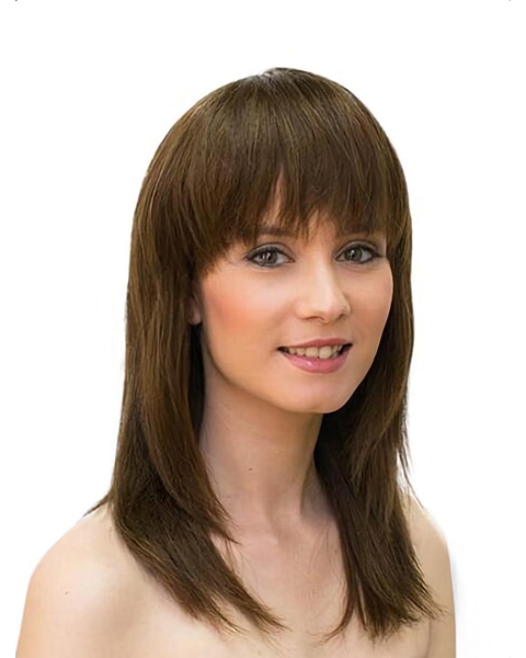 Lace Front Brown 16" Straight Long With Bangs Sleek Human Hair Women Wigs