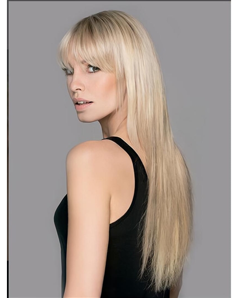 Perfect Long Straight Capless Blonde Platinum  With Bangs Synthetic Women Wigs