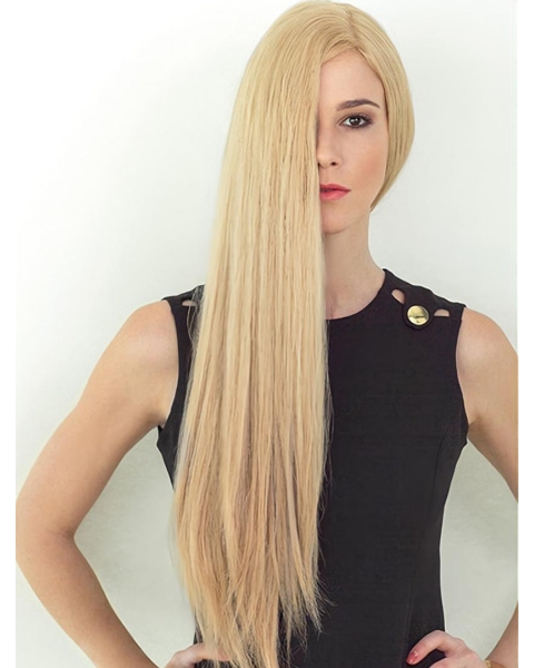 Soft  26" Long Straight Blonde Layered Hand Tied Lace Front Women Human Hair Wigs