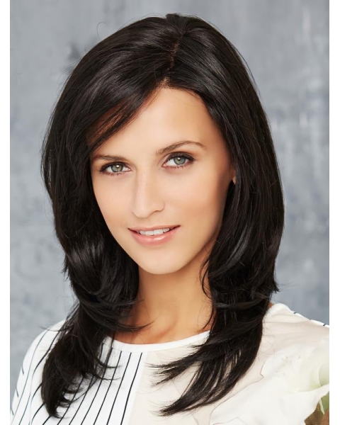 Black Long Straight Lace Front With Bangs Synthetic Women  Wig