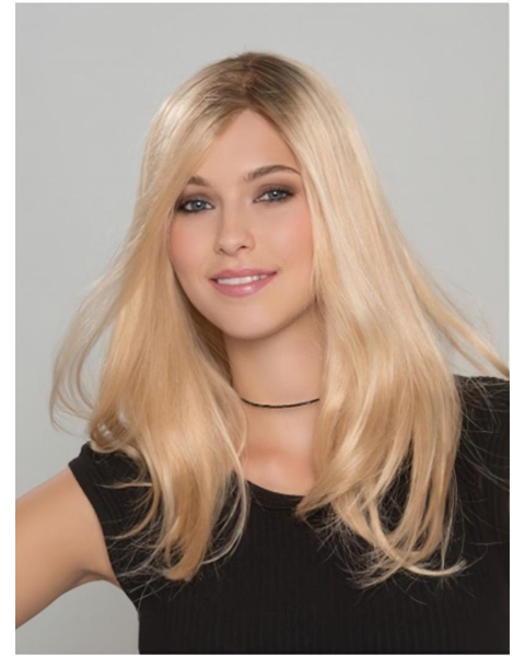 16" Long Straight Monofilament Blonde Without Bangs Women Human Hair Wigs