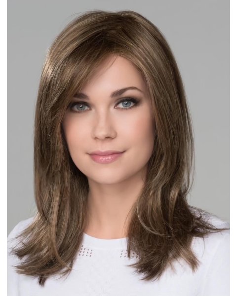 Capless 16" Long Straight Brown Monofilament With Bangs  Synthetic Women Wigs