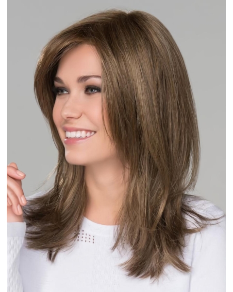 Capless 16" Long Straight Brown Monofilament With Bangs  Synthetic Women Wigs