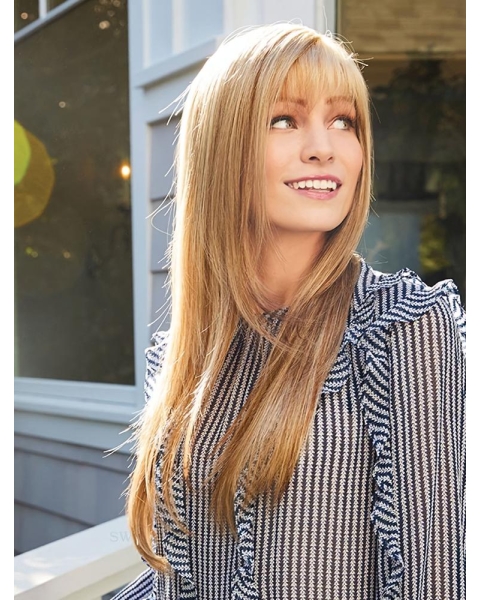 Capless Brown 18"  Long  Straight With Bangs Monofilament synthetic  Women Wigs