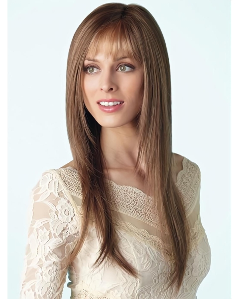 Quality  Capless Monofilament Long Brown With Bangs Straight Synthetic Women Wigs