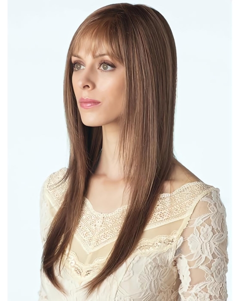 Quality  Capless Monofilament Long Brown With Bangs Straight Synthetic Women Wigs