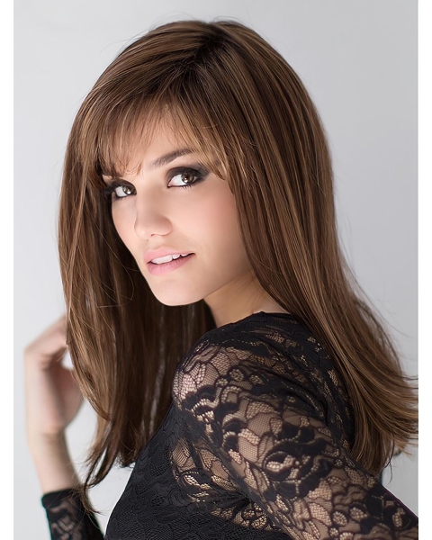 Perfect Brown 16" Long Straight Layered Synthetic Women Wigs