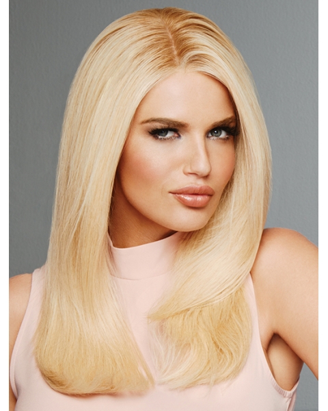 16" Long Straight Blonde Without Bangs Lace Front Remy Human Hair Wigs For Women