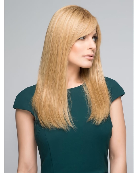 Fashion 18'' Blonde Straight Long With Bangs Mono Top Human Hair Women Wigs