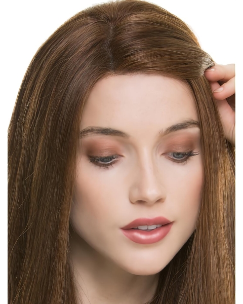 Long Brown 16" Straight Lace Front Layered Human Hair Women Wigs