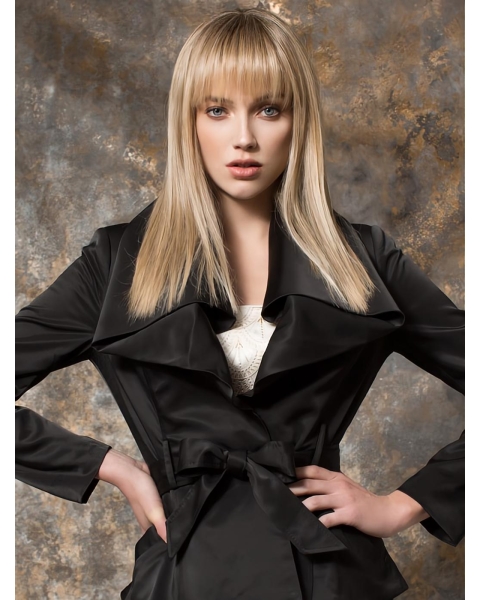  16" Long Blonde Straight Capless With Bangs Synthetic Women Wigs