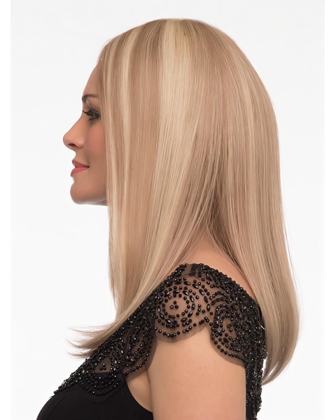 16'' Long Straight Monofilament Blonde Human Hair Women Full Lace Wigs