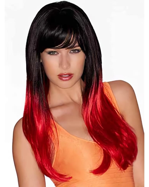 22" Long Straight Ombre/2 tone With Bangs Lace Front Synthetic  Wigs For Women