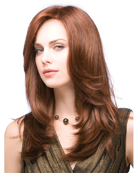 Fashionable 18'' Long Straight Auburn Layered Mono Top Human Hair Women Wigs