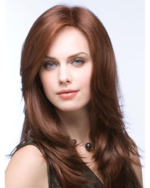 Auburn Layered Long Straight 100% Hand-Tied Mono Top Heat Friendly Synthetic Women Wigs