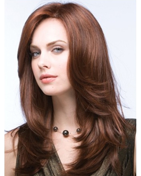 Auburn Layered Long Straight 100% Hand-Tied Mono Top Heat Friendly Synthetic Women Wigs