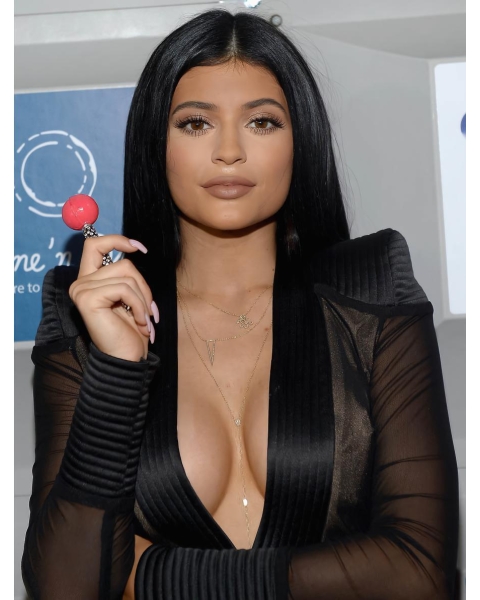 16'' Long Straight Black Without Bangs Full Lace Kylie Jenner Inspired Synthetic Women Wigs