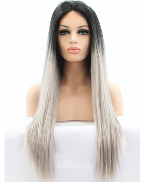 24" Straight Long Lace Front Two Tone Indian Remy Human Hair Women Wigs