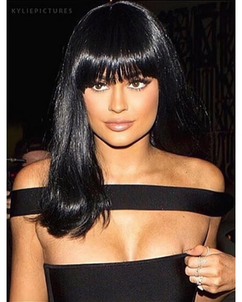 14'' Long Straight  Lace Front Black With Bangs Remy Human Hair Kylie Jenner Inspired Women Wigs