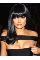 14'' Long Straight  Lace Front Black With Bangs Remy Human Hair Kylie Jenner Inspired Women Wigs