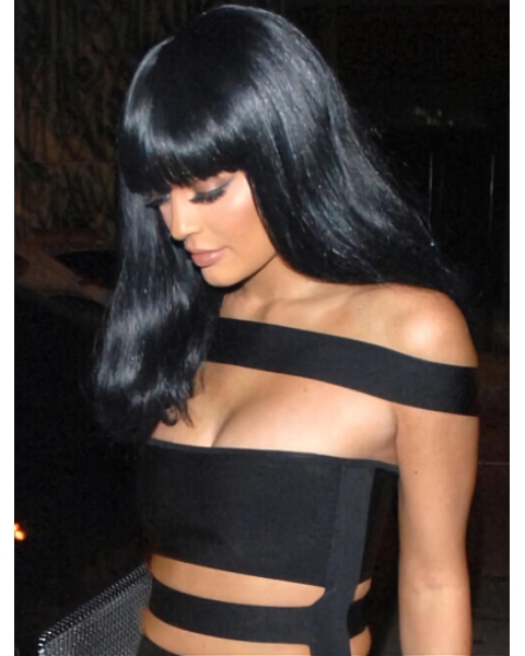 14'' Long Straight  Lace Front Black With Bangs Remy Human Hair Kylie Jenner Inspired Women Wigs