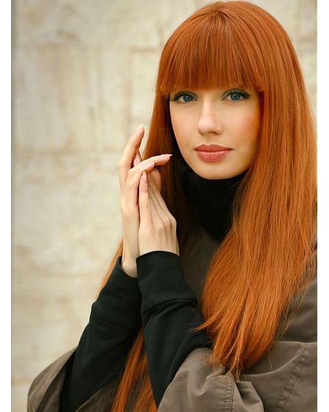 26'' Online Long Straight Lace Front Copper Remy Human Hair Women Wigs 