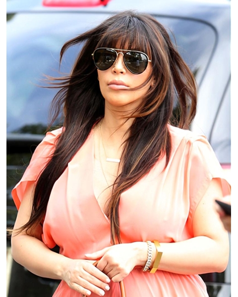 20'' Long Best Brown With Bangs Capless Straight Long Synthetic Kim Kardashian Women Wigs