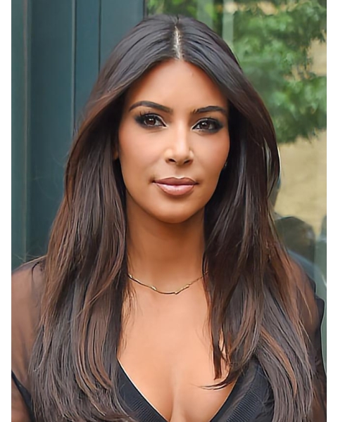 24''  Long Straight Lace Front Kim Kardashian Middle Parting  Human Hair Women Wigs 