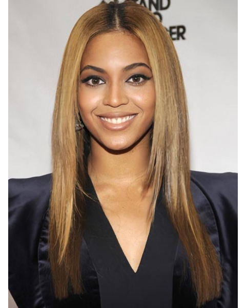 18'' Beyonce Knowles Pretty Layered Glossy Long Straight Lace Front Human Hair  Women Wig 