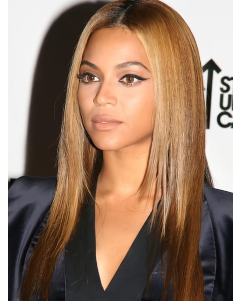 18'' Beyonce Knowles Pretty Layered Glossy Long Straight Lace Front Human Hair  Women Wig 