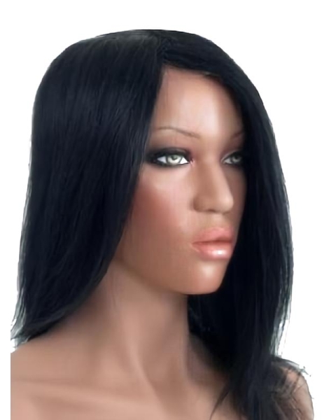 14'' Fashionable Black Straight 100% Hand-Tied Mono Top Long Human Hair Women Wigs