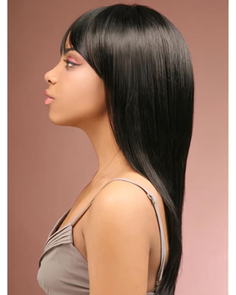 16'' Comfortable Black Straight Capless Long Indian Remy Human  Hair African American Women Wigs