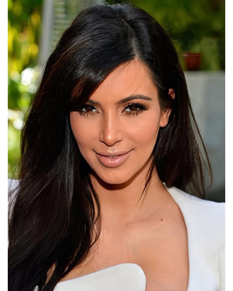 18'' Kim Kardashian Long Straight  Lace Front  Side Bang Hairstyle Human Hair Women Wig 