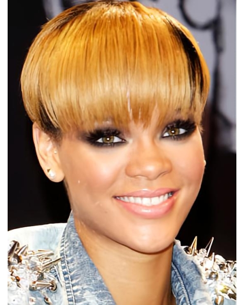 8'' Short Straight with Bangs Rihanna Watermelon Taro Style Lace Front Human Hair Women Wig 