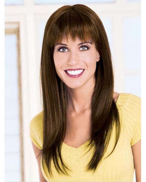  Gentle Brown Straight With Bangs Capless Remy Human Hair Long Women Wigs