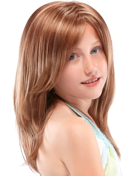 Nice Auburn Straight100% Hand-Tied Mono Top Heat Friendly Synthetic Long Kids Wigs